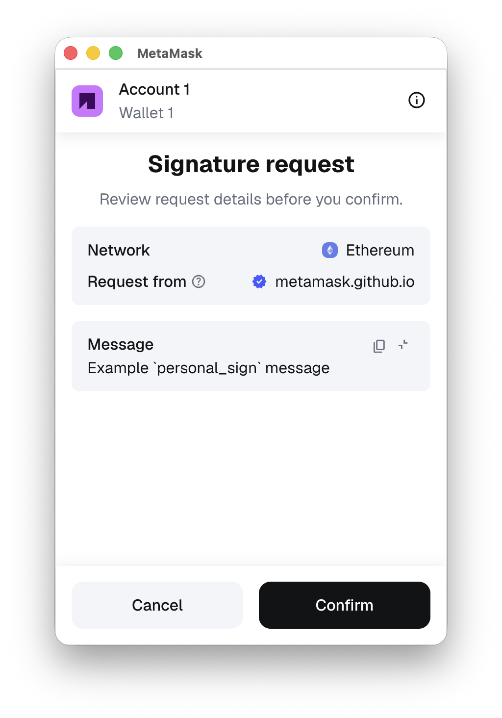 MetaMask personal_sign message signing confirmation dialog